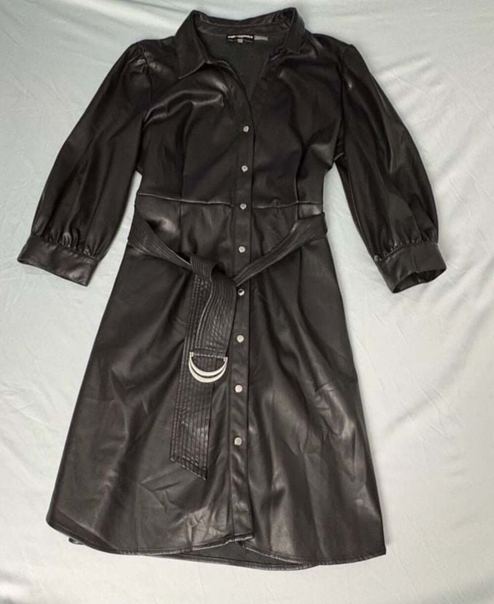 Karl Lagerfeld Paris Black Faux Leather Belted Long Sleeve Midi Shirt Dress